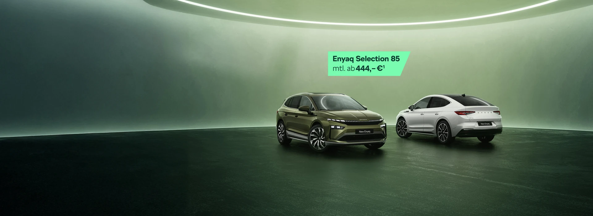 Škoda Enyaq Range Motiv und ein Text auf dem Bild zeigt 'Enyaq Selection 85 mit ab 444 Euro¹'