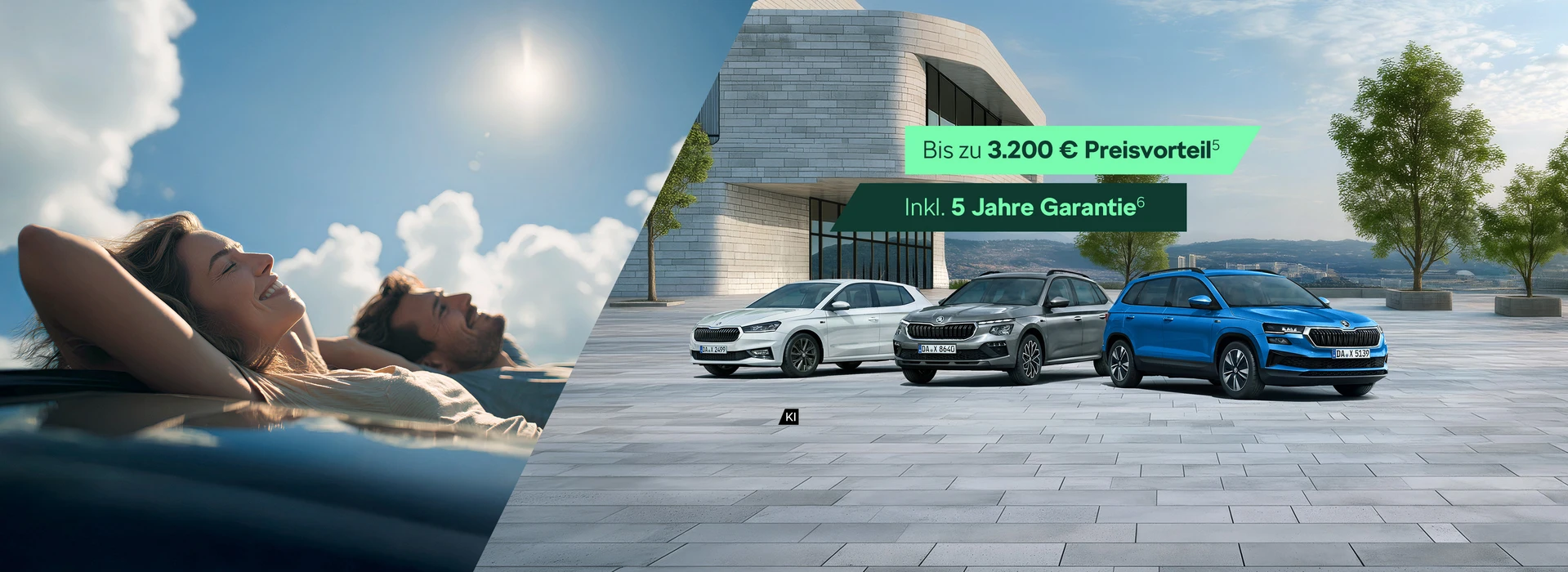 Škoda Balance Modelle: Split-Motiv – lachendes Paar liegt entspannt auf dem Dach eines Škoda (Simply Clever); rechts Fabia, Kamiq, Karoq mit „Bis zu 2.900 Euro Preisvorteil⁵. Inkl. 5 Jahre Garantie⁶“.