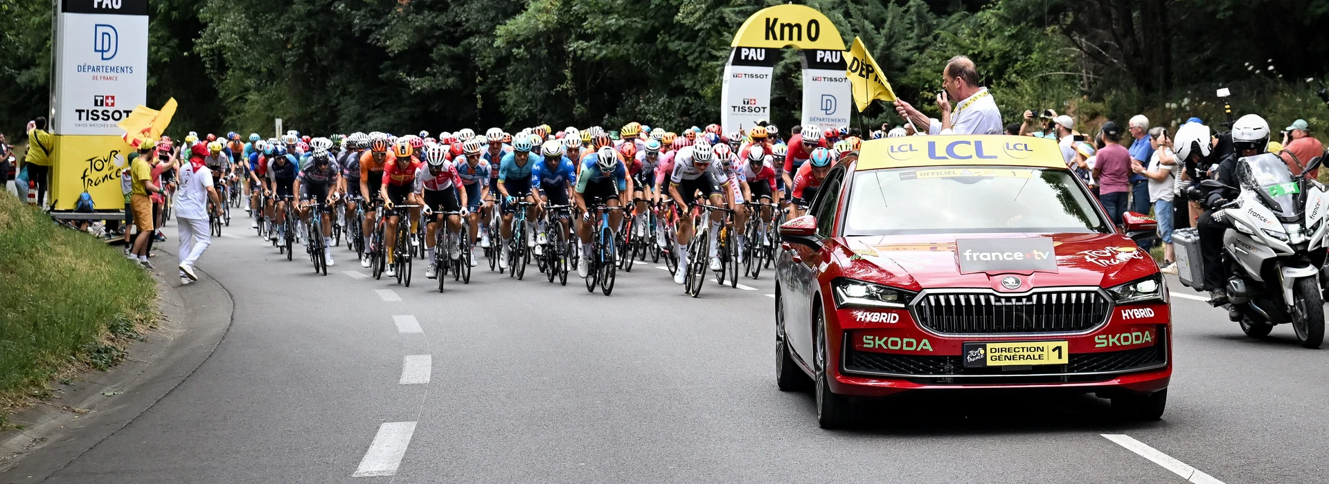Eine große Gruppe von Radfahrern bei einem Fahrradsport-Event, kurz vor dem Start, mit einem roten Škoda Hybrid-Fahrzeug vorne, das die Fahrer begleitet.