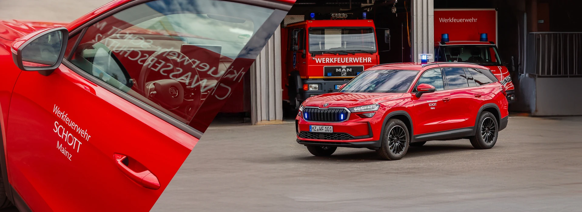Splitbild: Kodiaq Kommandofahrzeug der Werkfeuerwehr Schott AG vor der Feuerwache und Nahaufnahme.