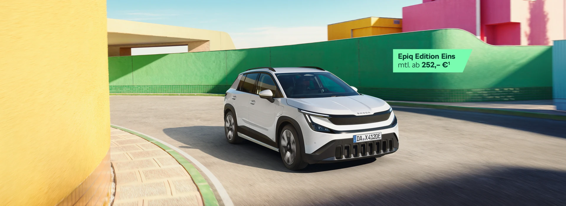Škoda Epiq Edition Eins und ein Text auf dem Bild zeigt 'Epiq Edition Eins mtl. ab 252,– €¹'