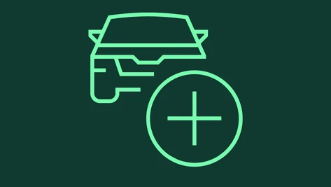 Grünes Icon eines Fahrzeugs mit einem Pluszeichen auf dunkelgrünem Hintergrund als Symbol für Extras.