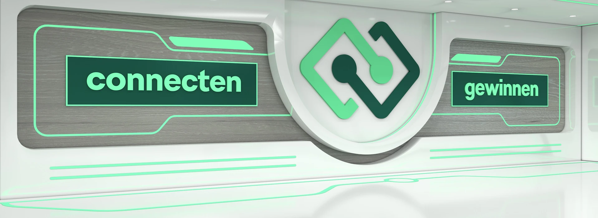 Wandgrafik mit Schriftzug „connecten gewinnen“ und grünem Škoda-Connect-Icon im futuristischen Raum