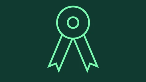 Grünes Icon einer Auszeichnung mit Schleifenband auf dunkelgrünem Hintergrund als Symbol für Garantie.