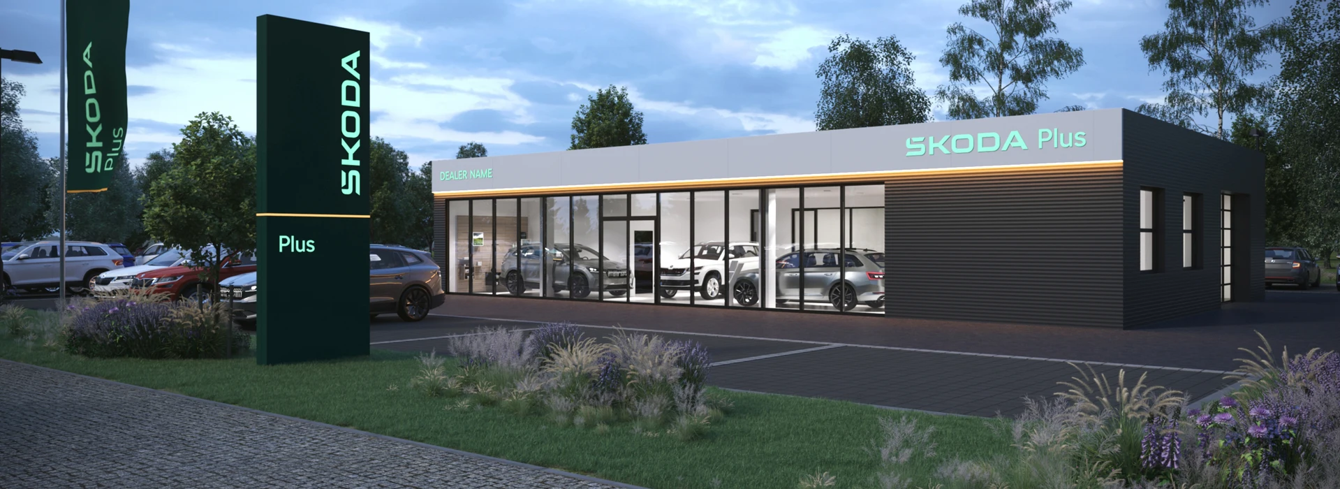 Ein architektonisches Rendering eines Skoda Plus Autohauses in der Abenddämmerung.