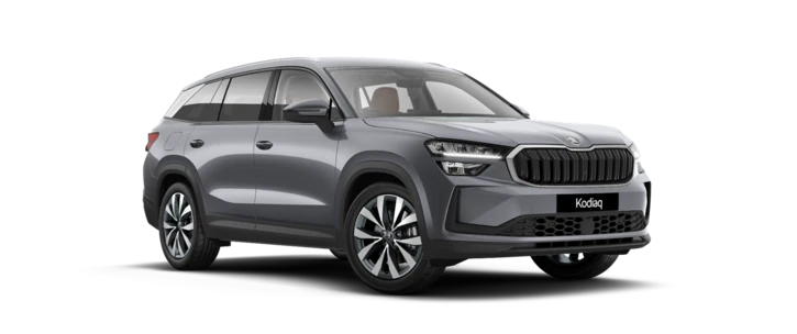 2025 Škoda Kodiaq Select in grey, front three-quarter view showcasing sleek design and bold grille – overseas model shown