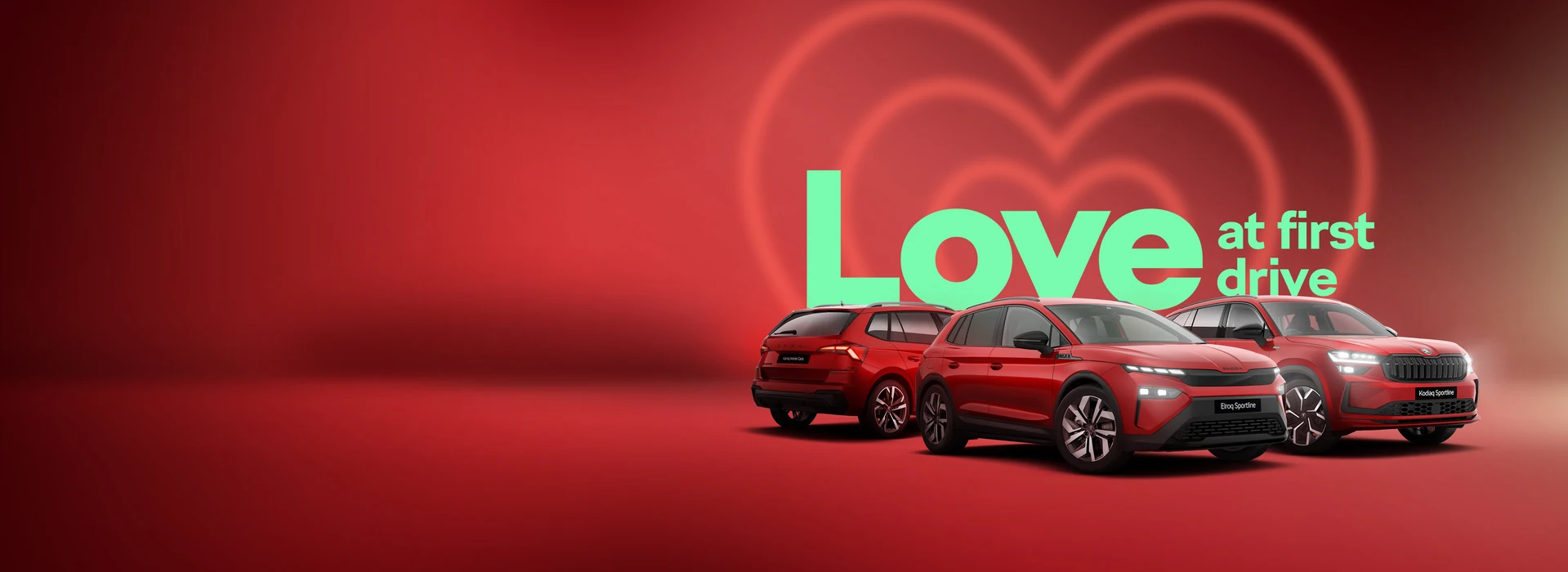 "Love at first drive" with Škoda Elroq, Kodiaq and Karoq in red on a red background