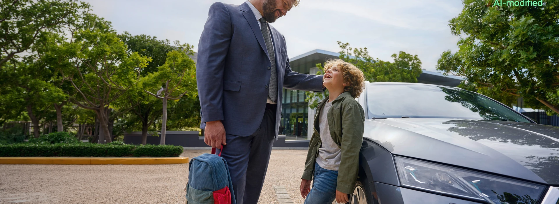 Personne adulte et enfant à côté d’une voiture dans un parking extérieur.